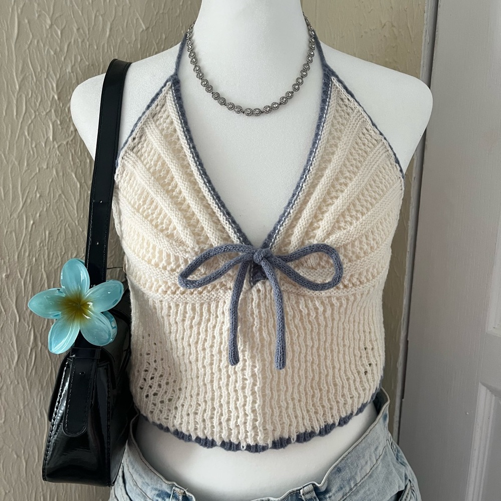 Elegant Cream and Gray Knit Halter Top